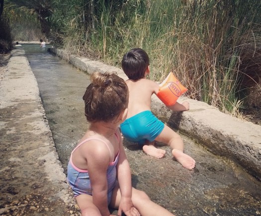 ילדים משתעשעים בתעלת מים שמובילה לבריכה- עין פשחה